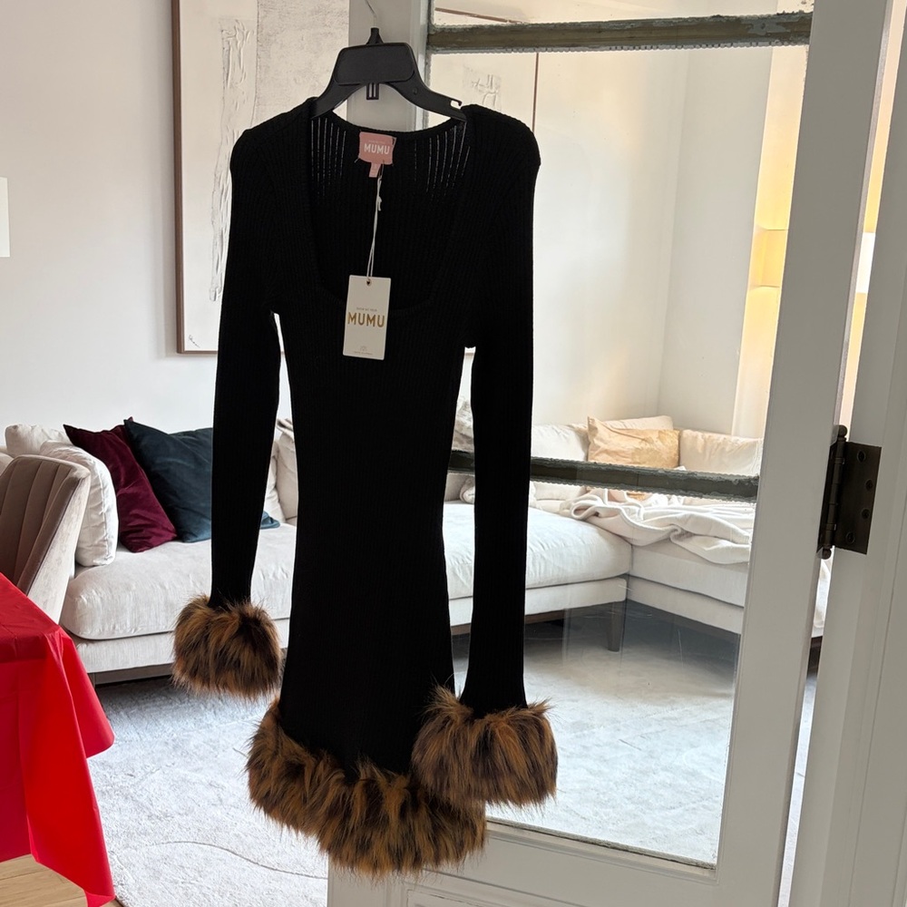 Show Me Your MuMu Black Dress with Brown Fur Trim